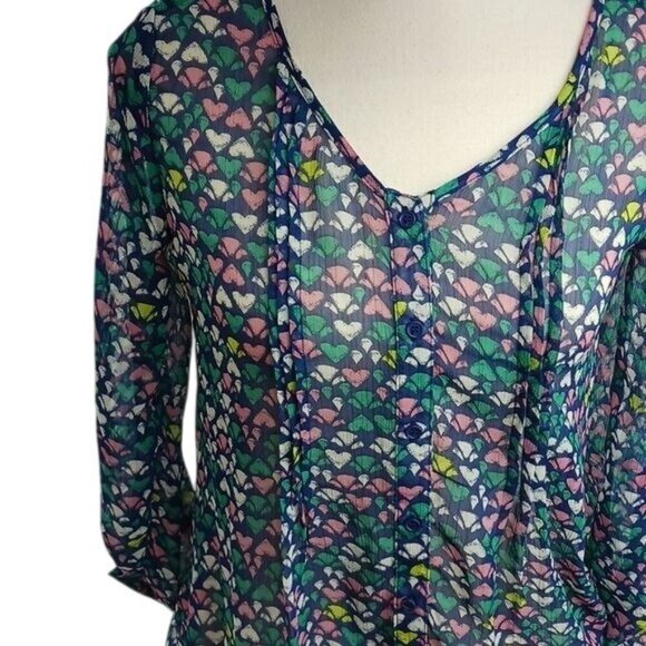 Mossimo Womens Size XS Blouse Multicolor Heart Print Sheer Long Sleeve Top - Picture 3 of 7